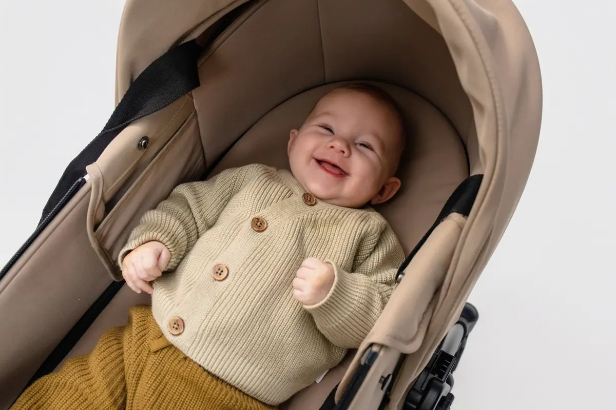 ลูกแรกเกิดหัวเราะใน YOYO5 Bassinet สี Taupe