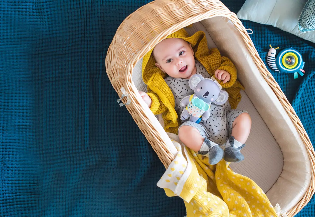 ทารกยิ้มนอนในตะกร้าหวายกับตุ๊กตาโคอาล่า Taf Toys บนพื้นผ้าสีน้ำเงิน