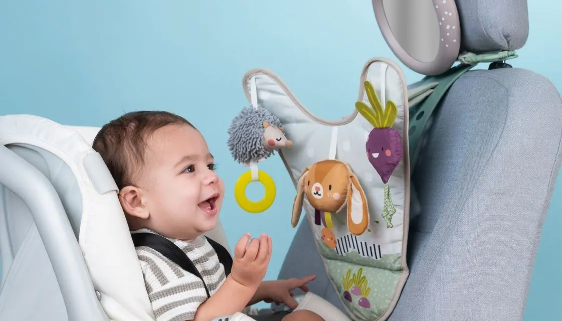 ทารกนั่งคาร์ซีทหันหลังยิ้มเล่นกับศูนย์กิจกรรมในรถ Taf Toys