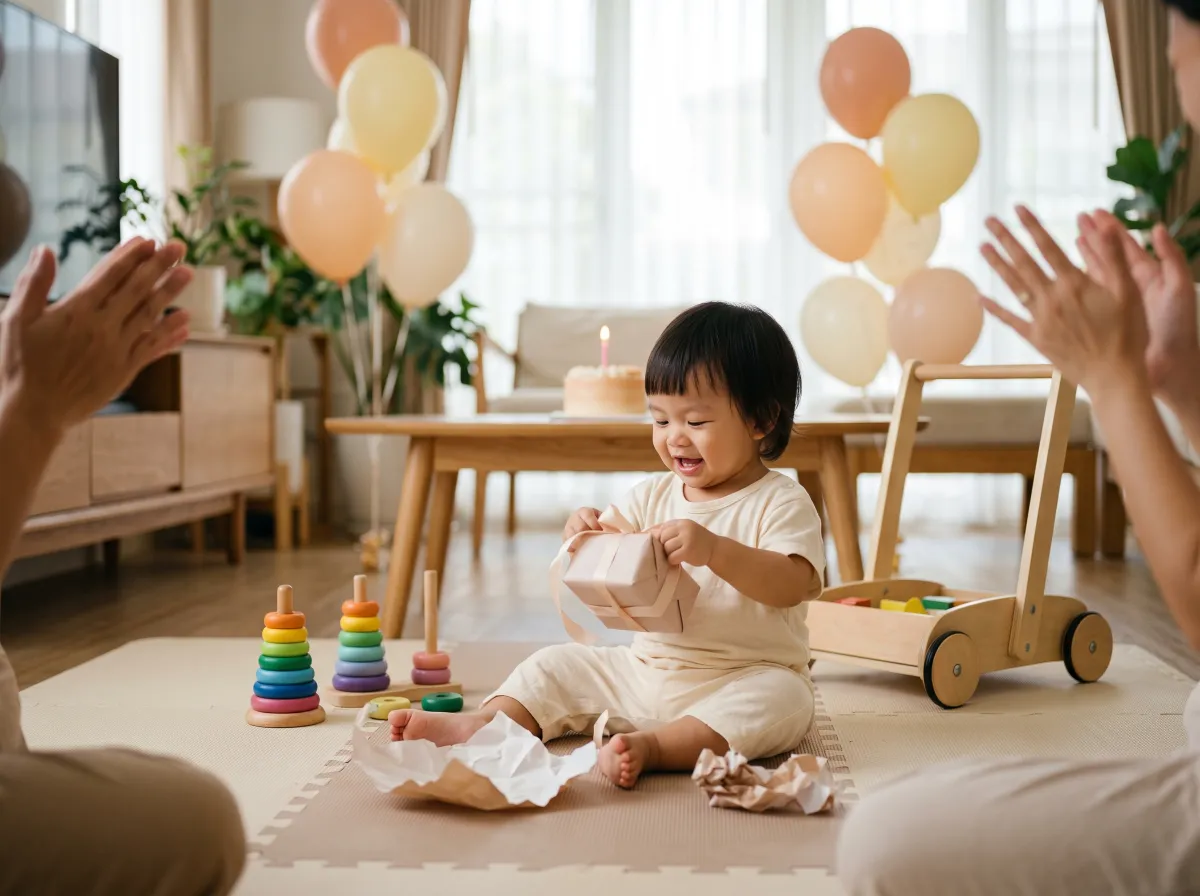Anak usia 1 tahun duduk membuka kado ulang tahun di samping mainan kayu dan kue ulang tahun